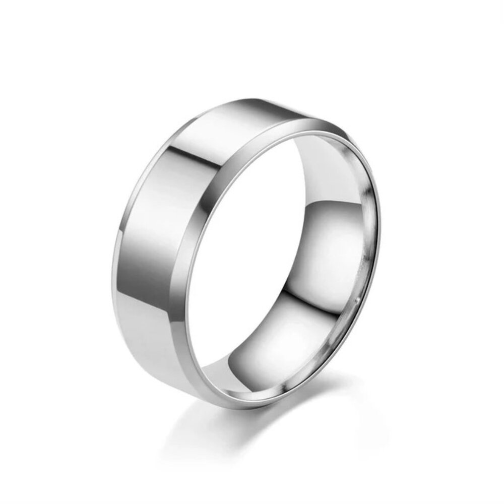 Silver Polished Stainless Steel Beveled Band Ring